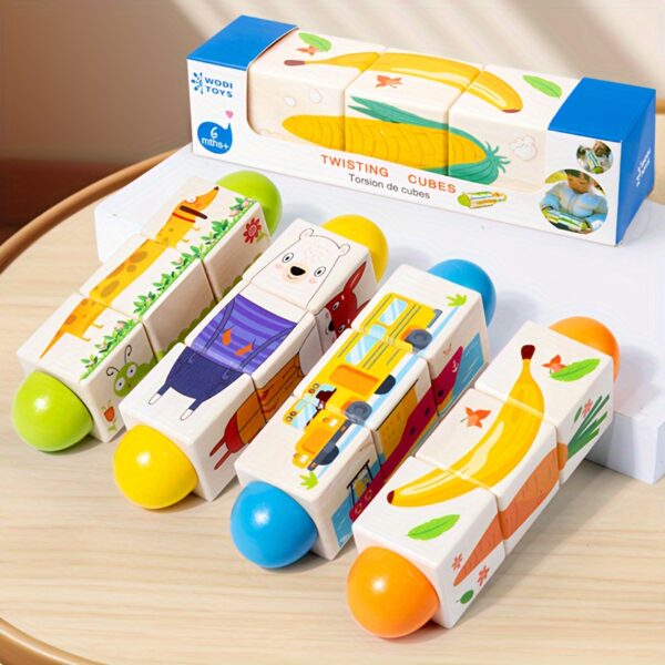 Wooden Twisting Puzzle Cubes for Toddlers, Educational Early Learning Toy, with Animal, Fruit, and Vehicle Shapes, for Cognitive Development and Fine Motor Skills, for Ages 0-3 Years - Image 4