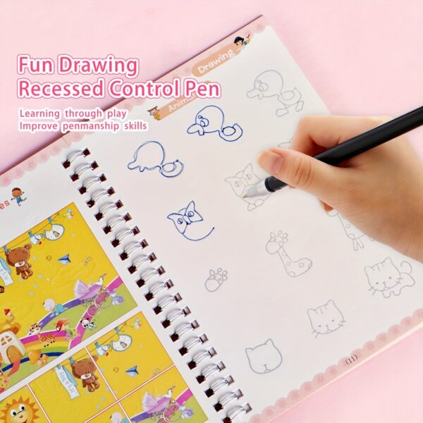 4-Pack Children's Magic Practice Copybooks Set with Pen and Refills, Reusable 3D Groove Writing Pad for Kids Ages 3-6, Traceable Alphabet, Numbers, Drawing & Math Workbooks for Preschoolers - Educational Handwriting Practice Kit - Image 7