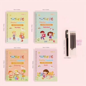 4-Pack Children's Magic Practice Copybooks Set with Pen and Refills, Reusable 3D Groove Writing Pad for Kids Ages 3-6, Traceable Alphabet, Numbers, Drawing & Math Workbooks for Preschoolers - Educational Handwriting Practice Kit