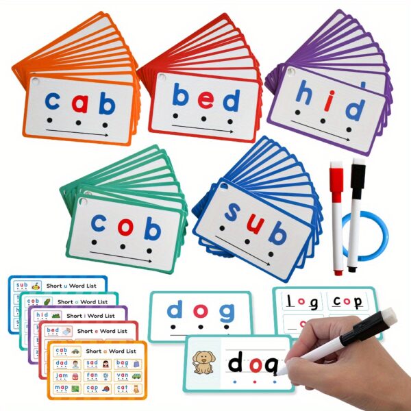60pcs Learning Phonics CVC Words Writing Eraseable Flash Cards Game Flashcard Beginning Reading Phonics Word Builders Spelling Reading Learning Aids Flash Cards Kindergarten Preschool Supplies - Image 10