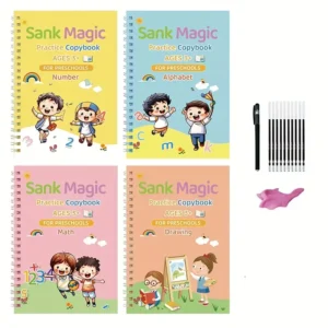 4pcs SANK Magic Calligraphy Practice Copybooks with Hard Pen, Full English Alphabet & Number Practice Workbook for Preschoolers, Durable Grooved Pages, Compact 18.8 x 13.21 cm, Colorful Designs for Easy Learning, Alphabet Learning Aid | Engaging Illustrations | Quality Paper Material