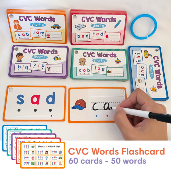 60pcs Learning Phonics CVC Words Writing Eraseable Flash Cards Game Flashcard Beginning Reading Phonics Word Builders Spelling Reading Learning Aids Flash Cards Kindergarten Preschool Supplies - Image 4