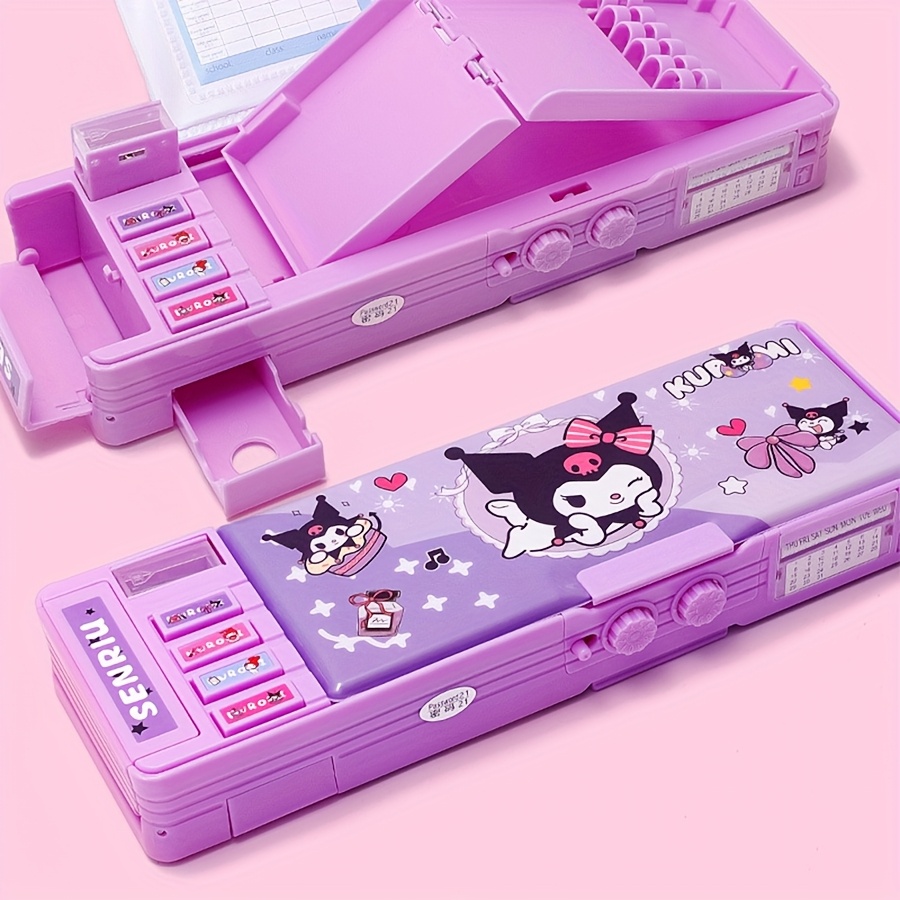 1pc Sanrio Multifunctional Stationery Box, Kuromi & Melody Pattern Password Lock Large Capacity Pencil Case, Double-sided Openable Pen Holder, Including Pencil Sharpener, Small Drawer, Calendar, Time Table, Blackboard and other functions, The best gift for friends - Image 2