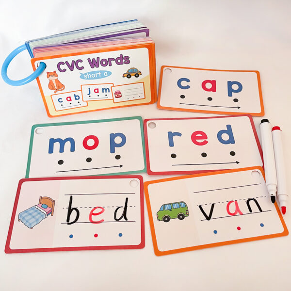 60pcs Learning Phonics CVC Words Writing Eraseable Flash Cards Game Flashcard Beginning Reading Phonics Word Builders Spelling Reading Learning Aids Flash Cards Kindergarten Preschool Supplies - Image 6