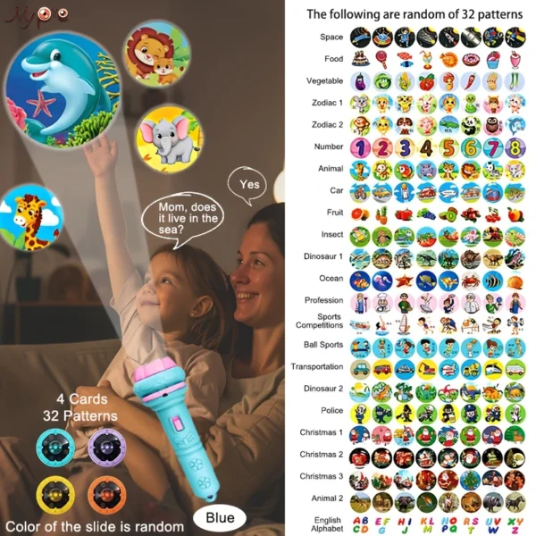 32-Projector Flashlight for Kids - Educational Toy with 32 Interactive Patterns (Dinosaurs, Animals, Numbers 1-10, Fruits) - Portable Bedtime Storytelling Tool, Cognitive Learning Toy for Toddlers - Image 2