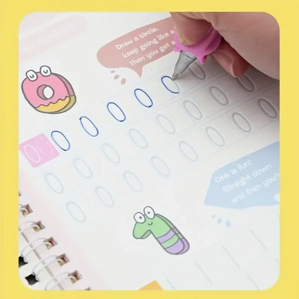 4pcs SANK Magic Calligraphy Practice Copybooks with Hard Pen, Full English Alphabet & Number Practice Workbook for Preschoolers, Durable Grooved Pages, Compact 18.8 x 13.21 cm, Colorful Designs for Easy Learning, Alphabet Learning Aid | Engaging Illustrations | Quality Paper Material - Image 4