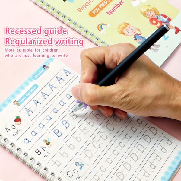 4-Pack Children's Magic Practice Copybooks Set with Pen and Refills, Reusable 3D Groove Writing Pad for Kids Ages 3-6, Traceable Alphabet, Numbers, Drawing & Math Workbooks for Preschoolers - Educational Handwriting Practice Kit - Image 11