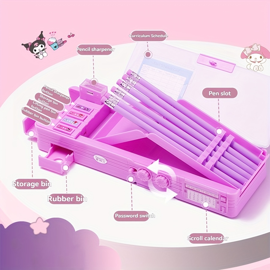 1pc Sanrio Multifunctional Stationery Box, Kuromi & Melody Pattern Password Lock Large Capacity Pencil Case, Double-sided Openable Pen Holder, Including Pencil Sharpener, Small Drawer, Calendar, Time Table, Blackboard and other functions, The best gift for friends - Image 8
