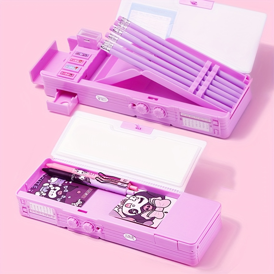 1pc Sanrio Multifunctional Stationery Box, Kuromi & Melody Pattern Password Lock Large Capacity Pencil Case, Double-sided Openable Pen Holder, Including Pencil Sharpener, Small Drawer, Calendar, Time Table, Blackboard and other functions, The best gift for friends - Image 4