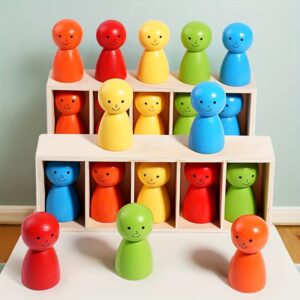 Recycled Wood Color-Matching Memory Game with 12 Smiling Wooden Dolls - Educational Brain-Teasing for Kids, Parent-Child Interactive Activity & Creative Board Game