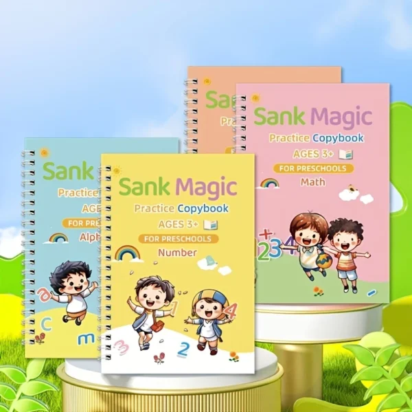 4pcs SANK Magic Calligraphy Practice Copybooks with Hard Pen, Full English Alphabet & Number Practice Workbook for Preschoolers, Durable Grooved Pages, Compact 18.8 x 13.21 cm, Colorful Designs for Easy Learning, Alphabet Learning Aid | Engaging Illustrations | Quality Paper Material - Image 10