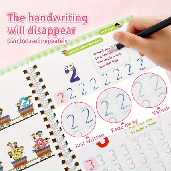 4-Pack Children's Magic Practice Copybooks Set with Pen and Refills, Reusable 3D Groove Writing Pad for Kids Ages 3-6, Traceable Alphabet, Numbers, Drawing & Math Workbooks for Preschoolers - Educational Handwriting Practice Kit - Image 8
