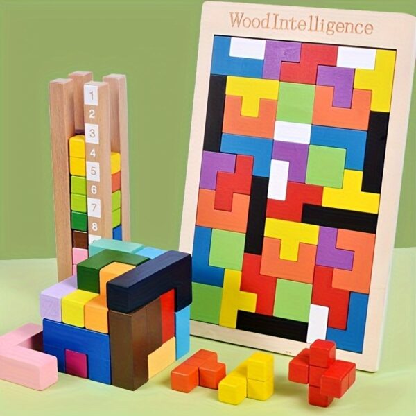 Wooden 3D Puzzle Blocks for Youngsters – Colorful Brain Teaser Educational Toy to Enhance Creativity & Intelligence, Light Brown Wooden Base with Multi-Colored Shapes, STEM Learning Activity for Youngsters, Cognitive Development Games | Pattern Recognition Toy | Reinforced Wood Construction, Puzzles for Youngsters - Image 5