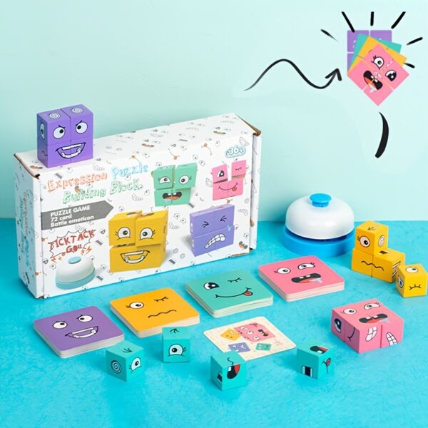 Wooden Face Changing Building Blocks, Magic Face-Changing Wooden Cube Building Blocks Set Equipped with a Bell Fosters Creativity and Imagination, Parent-Child Interactive Games Educational Toys for Kids Boys Girls Birthday, Halloween, Christmas Gift - Image 6