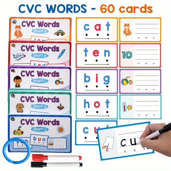 60pcs Learning Phonics CVC Words Writing Eraseable Flash Cards Game Flashcard Beginning Reading Phonics Word Builders Spelling Reading Learning Aids Flash Cards Kindergarten Preschool Supplies - Image 3