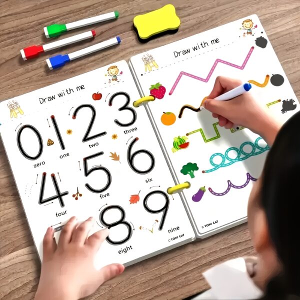 32-PageReusable Kids Practice Workbook with Writable Tracking Lines - Early Learning Activities, Number Tracing, Drawing Exercises - for Ages 3-6 Years Old - Educational Preschool Prep Book for Classroom or Homeschool - Durable Writing Practice Booklet, Preschool Worksheets, Homeschool Activities, Engaging Illustrations, Sturdy Construction, Toddlers And Preschoolers, Toddler Education, Interactive Book, Highquality Paper, Kindergarten Kids - Image 2