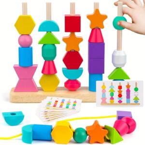 Wooden Beads Sequencing Toy Set, Stacking Blocks & Lacing Beads & Matching Shape Stacker, STEM Preschool Learning Toys for Kids Boy Girl, Christmas And Halloween Gifts, Random Color