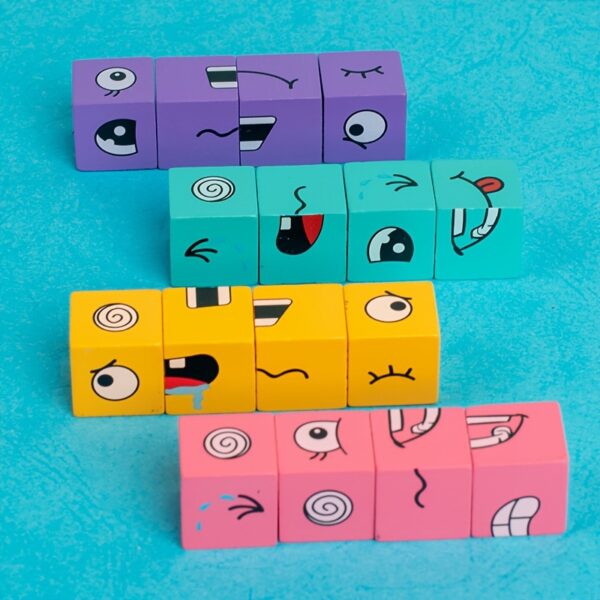 Wooden Face Changing Building Blocks, Magic Face-Changing Wooden Cube Building Blocks Set Equipped with a Bell Fosters Creativity and Imagination, Parent-Child Interactive Games Educational Toys for Kids Boys Girls Birthday, Halloween, Christmas Gift - Image 8