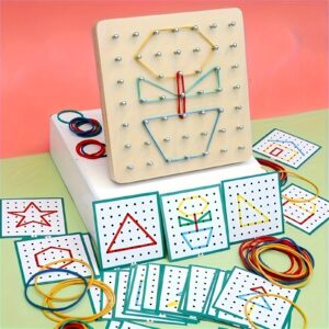 YIDIEMO Creative Thinking Geometric Board Set with Pattern Cards & Rubber Bands - Educational Wooden Stacking & Sorting Toy for Ages 3-6, Learning & Math Exploration Kit for Kids, Ideal for Birthday, Halloween & Christmas Gifts