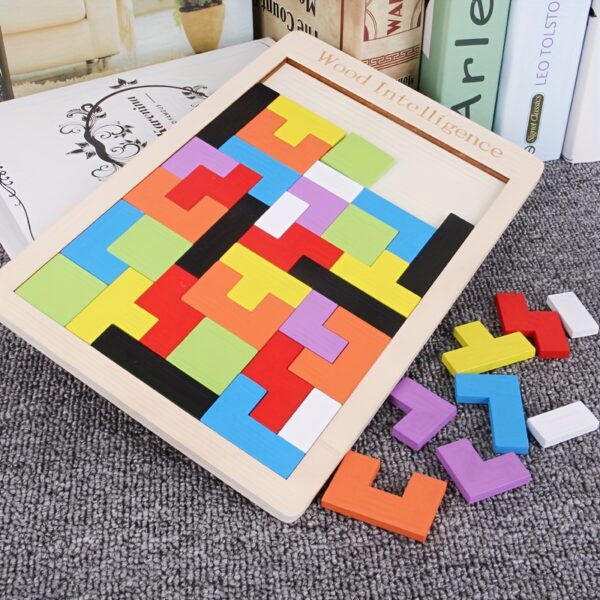 Wooden 3D Puzzle Blocks for Youngsters – Colorful Brain Teaser Educational Toy to Enhance Creativity & Intelligence, Light Brown Wooden Base with Multi-Colored Shapes, STEM Learning Activity for Youngsters, Cognitive Development Games | Pattern Recognition Toy | Reinforced Wood Construction, Puzzles for Youngsters - Image 4