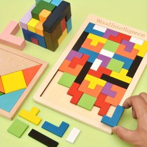 Wooden 3D Puzzle Blocks for Youngsters – Colorful Brain Teaser Educational Toy to Enhance Creativity & Intelligence, Light Brown Wooden Base with Multi-Colored Shapes, STEM Learning Activity for Youngsters, Cognitive Development Games | Pattern Recognition Toy | Reinforced Wood Construction, Puzzles for Youngsters