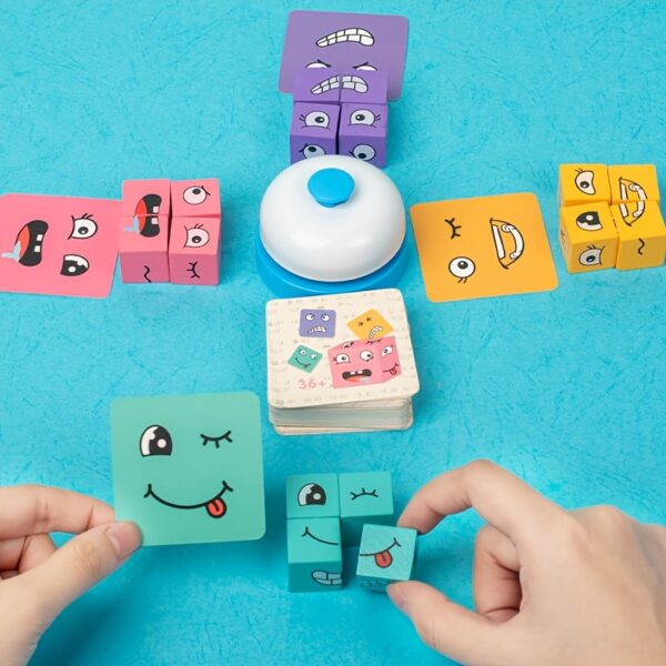 Wooden Face Changing Building Blocks, Magic Face-Changing Wooden Cube Building Blocks Set Equipped with a Bell Fosters Creativity and Imagination, Parent-Child Interactive Games Educational Toys for Kids Boys Girls Birthday, Halloween, Christmas Gift - Image 4