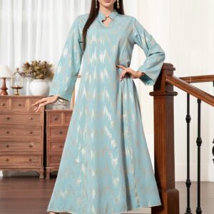 Elegant style High collar Gilding Abstract Regular sleeve Kaftan Light blue Dress