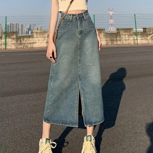 Summer New High-waist Slit Denim Skirt For Women Washed Retro A- line Skirt Hip-covering Straight Long Skirt - Image 2