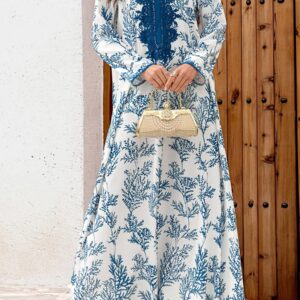 Elegant Floral Print Abaya Dress with Long Sleeves and Flowy Robe for Women Perfect for Prayer and Dubai Jilbab Style