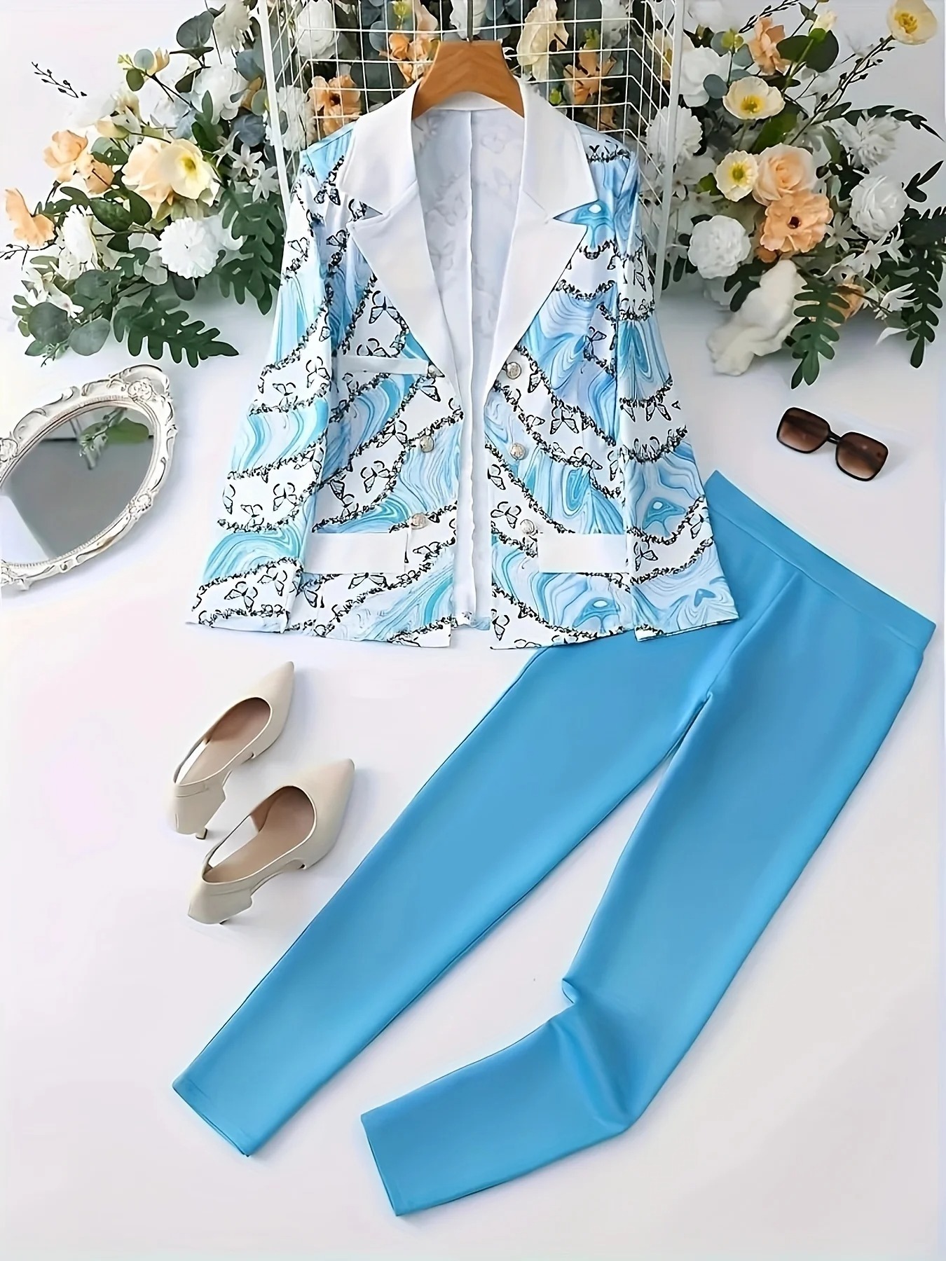 Ladies' Elegant Butterfly Print Two-Piece Set, Long Sleeved Lapel Suit Jacket and Slim Fit Pants, Suitable for Office and Work - Image 7