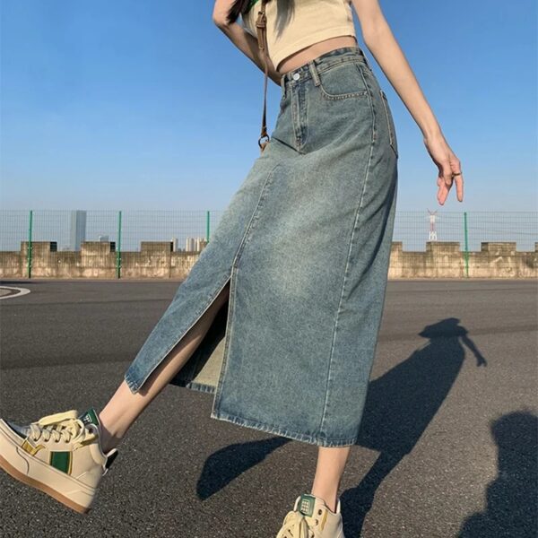 Summer New High-waist Slit Denim Skirt For Women Washed Retro A- line Skirt Hip-covering Straight Long Skirt - Image 4