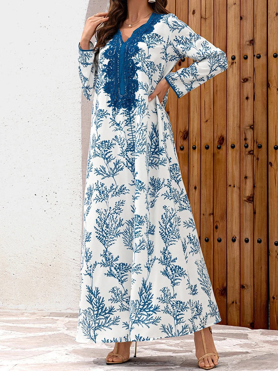 Elegant Floral Print Abaya Dress with Long Sleeves and Flowy Robe for Women Perfect for Prayer and Dubai Jilbab Style - Image 4