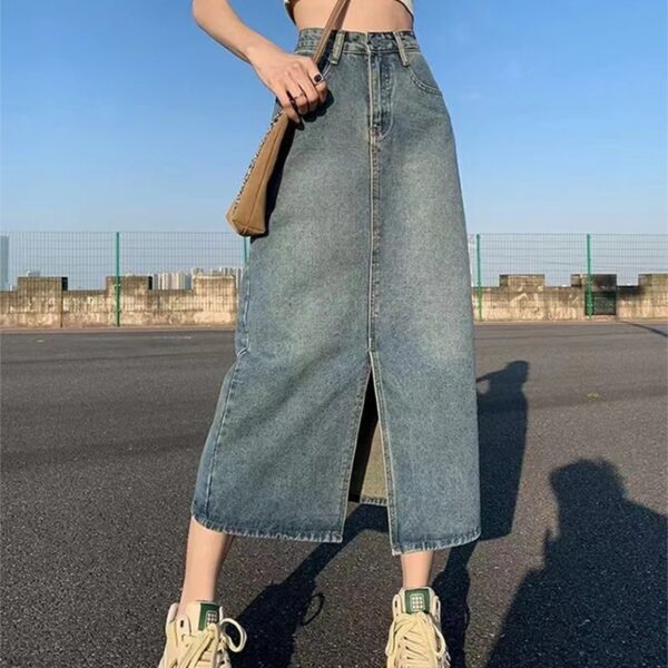 Summer New High-waist Slit Denim Skirt For Women Washed Retro A- line Skirt Hip-covering Straight Long Skirt - Image 5