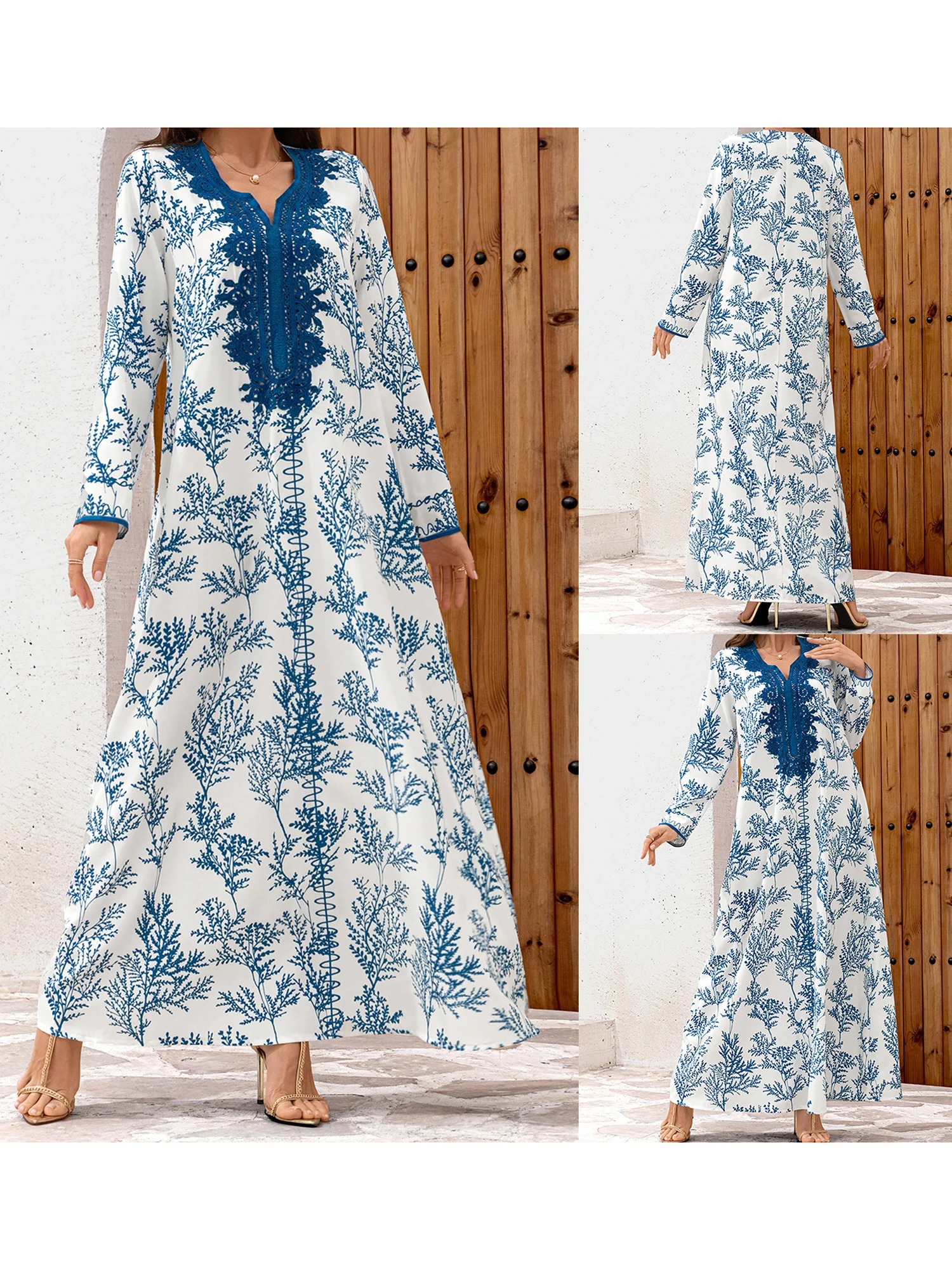 Elegant Floral Print Abaya Dress with Long Sleeves and Flowy Robe for Women Perfect for Prayer and Dubai Jilbab Style - Image 5