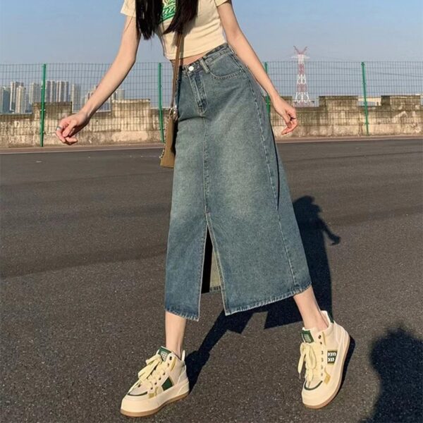 Summer New High-waist Slit Denim Skirt For Women Washed Retro A- line Skirt Hip-covering Straight Long Skirt - Image 6