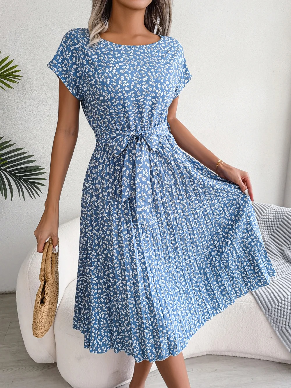 Women Spring Summer Short Sleeve High Waist Chic Dress Fashion Floral Pleated A Line Long Dress - Image 3