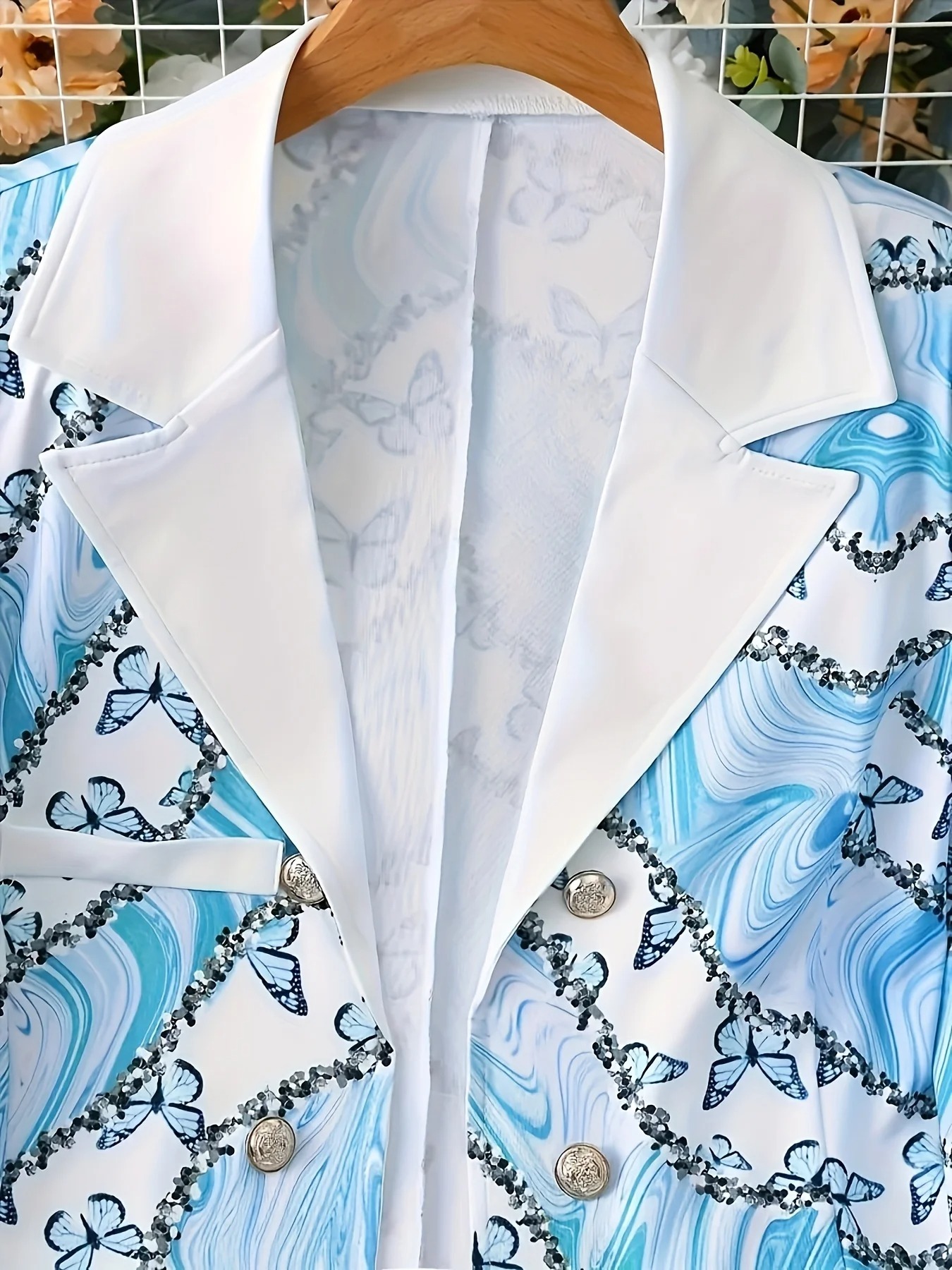 Ladies' Elegant Butterfly Print Two-Piece Set, Long Sleeved Lapel Suit Jacket and Slim Fit Pants, Suitable for Office and Work - Image 5