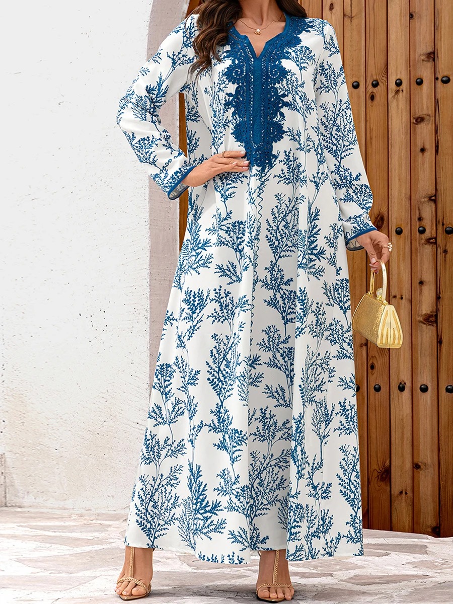 Elegant Floral Print Abaya Dress with Long Sleeves and Flowy Robe for Women Perfect for Prayer and Dubai Jilbab Style - Image 6