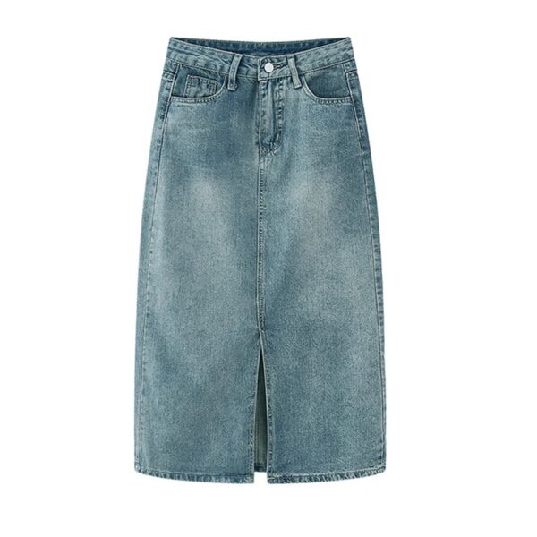 Summer New High-waist Slit Denim Skirt For Women Washed Retro A- line Skirt Hip-covering Straight Long Skirt - Image 7