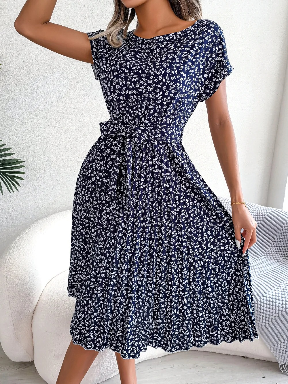 Women Spring Summer Short Sleeve High Waist Chic Dress Fashion Floral Pleated A Line Long Dress - Image 2