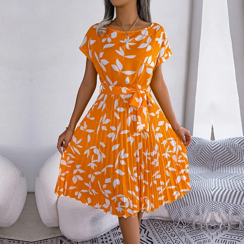 Women Spring Summer Short Sleeve High Waist Chic Dress Fashion Floral Pleated A Line Long Dress - Image 4