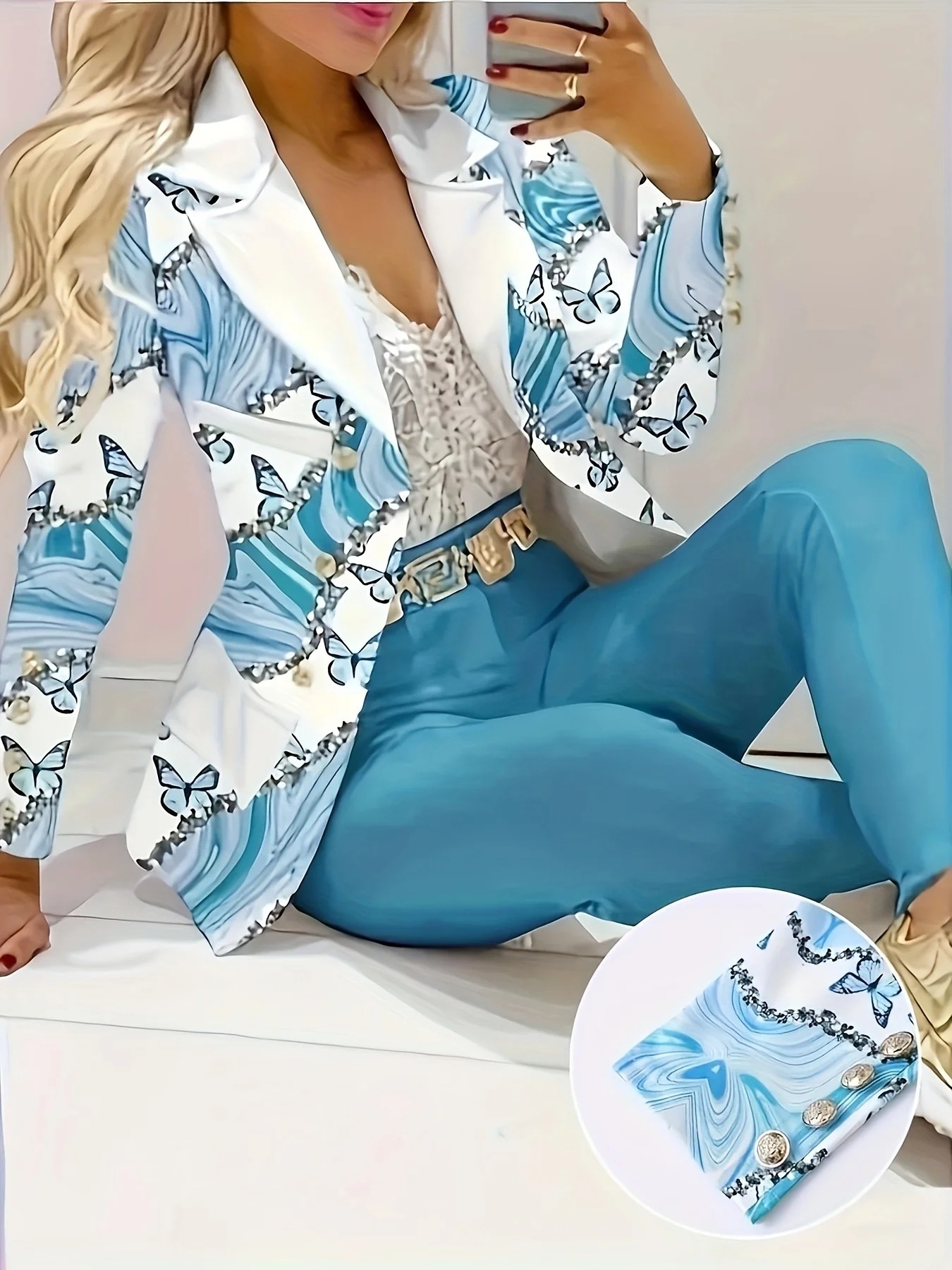 Ladies' Elegant Butterfly Print Two-Piece Set, Long Sleeved Lapel Suit Jacket and Slim Fit Pants, Suitable for Office and Work