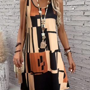 Spring&Summer Women's Geometric Pattern Sleeveless Dress For Summer Vacation,dresses for women summer，Women Bohemia Midi Dresses