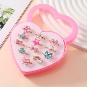 A Set of 12 Cute Golden Cartoon Flower-Shaped Rainbow Rings for Girls.