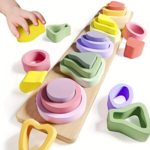 Wooden Shape Sorter and Stacking Toys, Geometric Shapes Recognition and Sorting Puzzle, Ideal Educational Gift for Boys and Girls