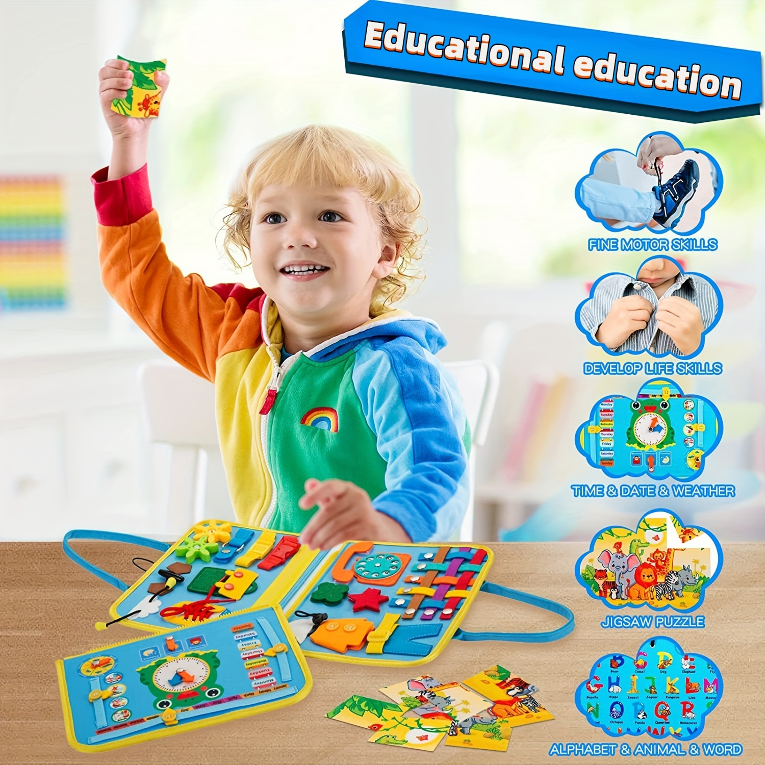 Sky Blue Dinosaur Early Learning Busy Board - 3-Layer Educational Toy for Youngsters, Includes Life Skills, Letters, Numbers, Shapes, Colors, Animals & Weather - Perfect Travel Companion & Gift for Easter, Christmas, Birthdays - Image 2