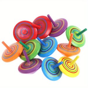10pcs Safe Non-Toxic Wooden Spinning Tops - Multicolor (Red, Yellow, Green, Blue, Purple, Orange, Rainbow Stripes) - Smooth Surface spinning tops for Toddlers & Kids - Birthday Party Favors, Learning Colors - Educational Motor Skills Toys - Non-Toxic Kids Birthday Gifts, Kindergarten Supplies, Playful Design, Toddler Playtime, Durable Wood, Children's Gifts, Preschool Children