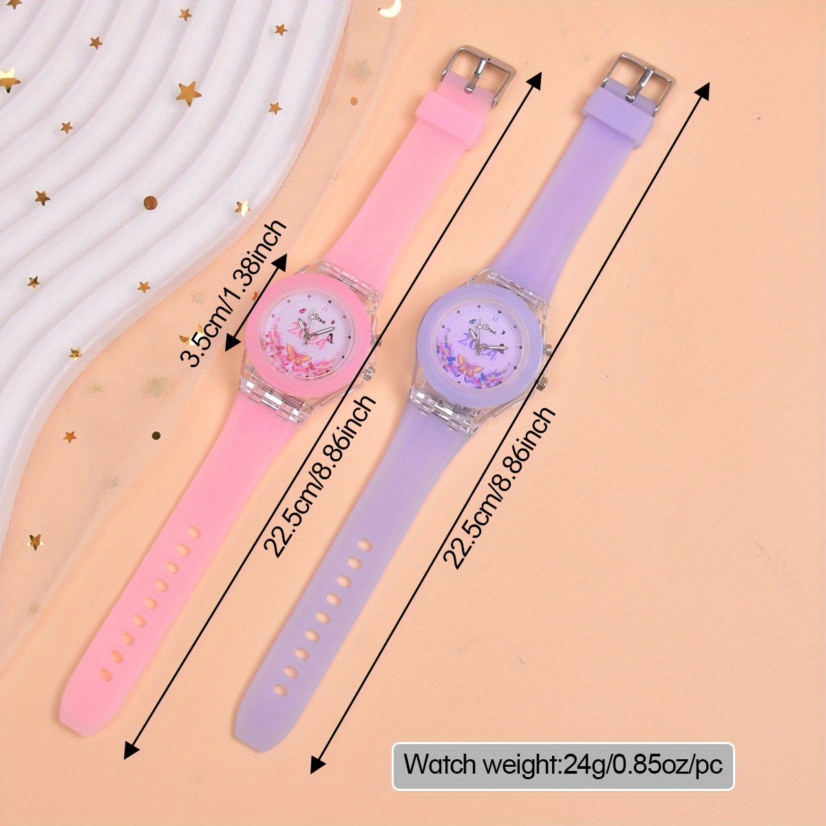 2pcs Set Double Movement LED Luminous Watch New Butterfly Pattern Quartz Wristwatch for Girls in 2024 - Image 6