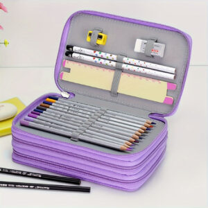 1pc Three-Layer Zipper Pencil Box - 52-Hole Large Capacity Canvas Stationery Organizer with Compartments for Colored Pencils, Art Pens, Markers - Purple/Black, Pencil Pouch, Artist Supply Storage, Zipper Closure Case, Canvas Construction