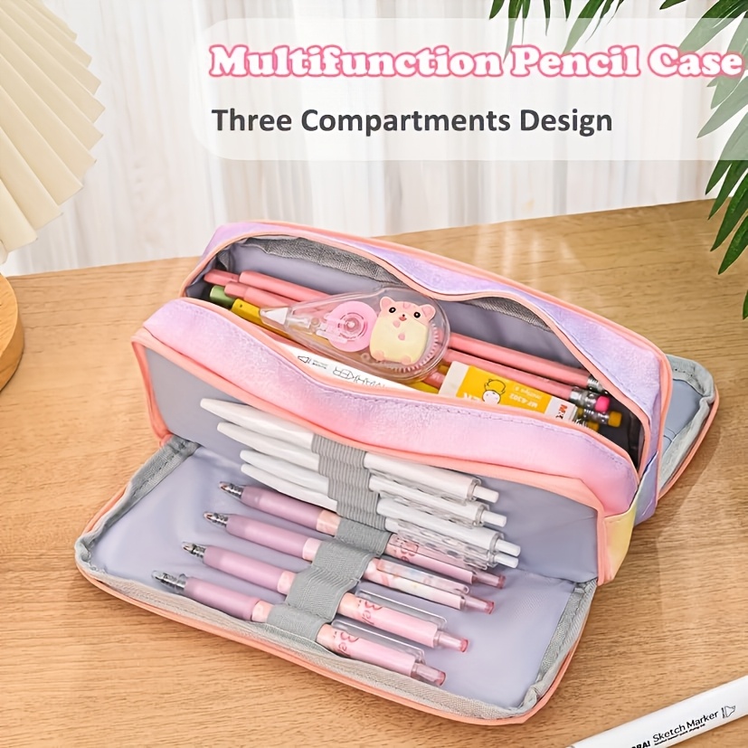 Sparkling Rainbow Zipper Pencil Case, Large Capacity 3-Compartment, Built-in Pen Holder, Durable Canvas - Ideal for School and Office Storage, Pencil Pouc - Image 5